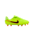 A neon yellow Nike Tiempo soccer cleat with a black and orange swoosh and orange studs, shown against a solid black background.