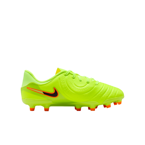 Vibrant lime green Nike soccer cleat with a black and orange swoosh logo and orange studs, set against a solid black background.