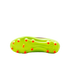 Bottom view of a lime green soccer cleat soleplate with bright orange studs, set against a black background.
