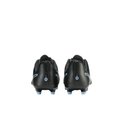 Back view of a pair of black Puma soccer cleats with light blue accents and studs, set against a solid black background.