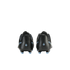 Back view of a pair of black Puma soccer cleats with light blue accents and studs, set against a solid black background.