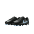 A pair of black Nike soccer cleats featuring a light blue Nike swoosh and light blue studs, set against a solid black background.