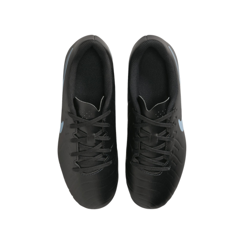 Top-down view of a pair of black athletic shoes with light blue accents and black laces, centered on a solid black background.