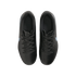 Top-down view of a pair of black athletic shoes with light blue accents and black laces, centered on a solid black background.