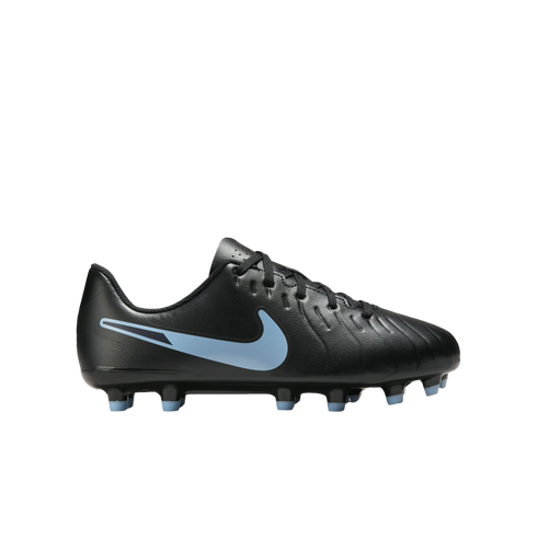 Black Nike soccer cleat with a light blue swoosh and light blue stud tips, viewed from the side on a black background.