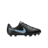 Black Nike soccer cleat with a light blue swoosh and light blue stud tips, viewed from the side on a black background.