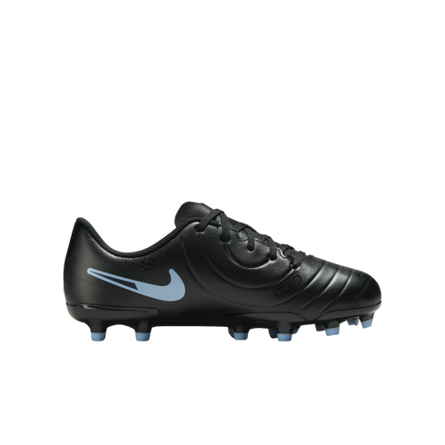 Side profile of a black Nike soccer cleat featuring a light blue swoosh and stud tips, set against a black background.