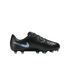 Side profile of a black Nike soccer cleat featuring a light blue swoosh and stud tips, set against a black background.