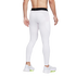 Rear view of a person in white Nike Pro compression leggings with a side pocket and white athletic sneakers, shown against a white background.