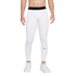 A man from the waist down wearing white Nike Pro compression leggings and white sneakers against a white background.
