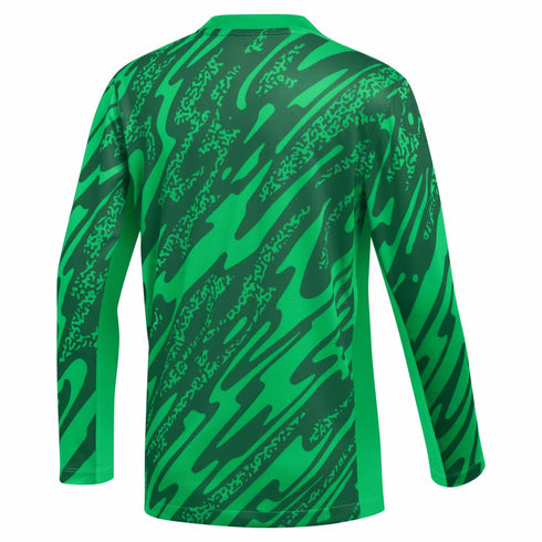 The back of a long-sleeved green athletic shirt featuring a bold, abstract wavy pattern in various shades of green.