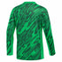 The back of a long-sleeved green athletic shirt featuring a bold, abstract wavy pattern in various shades of green.