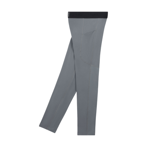 A pair of grey Nike Pro athletic leggings featuring side pockets and a wide black waistband with the brand name.