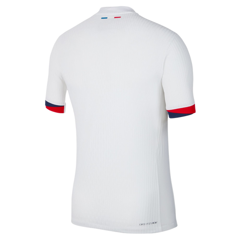 Back view of a white ribbed short-sleeved jersey with blue and red sleeve cuffs and a small tricolor flag on the back neck.