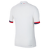 Back view of a white ribbed short-sleeved jersey with blue and red sleeve cuffs and a small tricolor flag on the back neck.