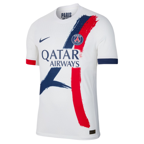 White Nike Paris Saint-Germain away football jersey featuring red and blue brushstroke graphics, the team crest, and Qatar Airways sponsor logo.