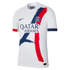 White Nike Paris Saint-Germain away football jersey featuring red and blue brushstroke graphics, the team crest, and Qatar Airways sponsor logo.
