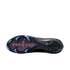 Underside of a black soccer cleat featuring light blue studs and a translucent pink "AIR ZOOM" window on the forefoot, shown against a black background.