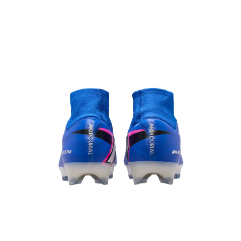 Rear view of blue Nike Mercurial soccer cleats with pink and black accents, high-top ankle collars, and translucent white soles on a black background.