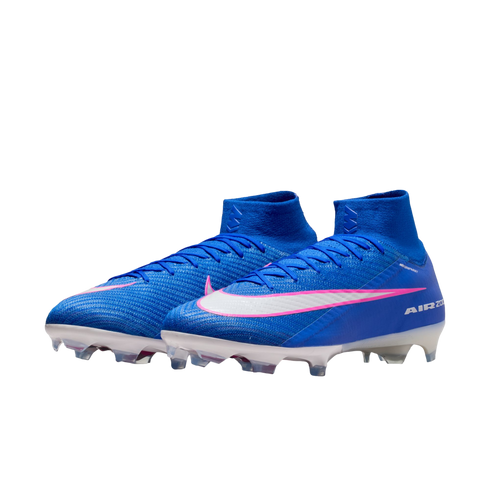 A pair of royal blue Nike Mercurial Superfly soccer cleats with pink and white accents, featuring a high-top collar and white studs, set against a black background.