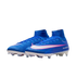 A pair of royal blue Nike Mercurial Superfly soccer cleats with pink and white accents, featuring a high-top collar and white studs, set against a black background.