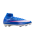 Blue Nike Mercurial Superfly soccer boot with a pink-outlined white swoosh, "AIR ZOOM" branding, and high-top collar.