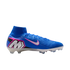 A blue Nike Mercurial Superfly soccer cleat with pink accents, a high-top collar, and a white Swoosh, displayed against a black background.