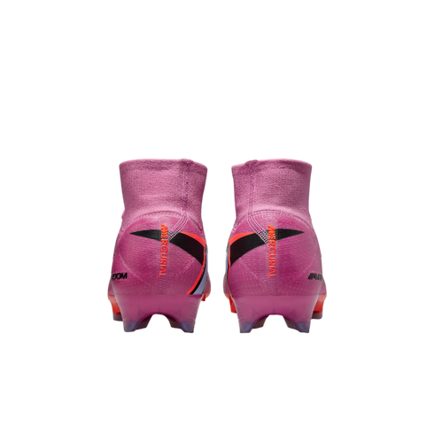 Rear view of bright pink Nike Mercurial soccer cleats with high-top ankle collars and vertical "MERCURIAL" branding on the heels.