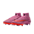 Pink Nike Mercurial Superfly soccer cleats with orange swooshes and high-top collars on a black background.
