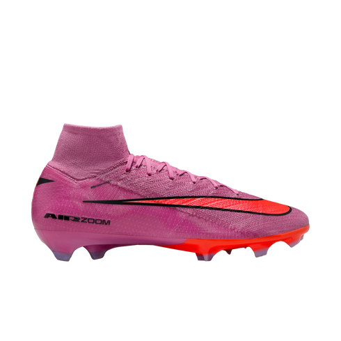 A pink Nike Air Zoom Mercurial Superfly soccer cleat with an orange sole and black swoosh, set against a black background.