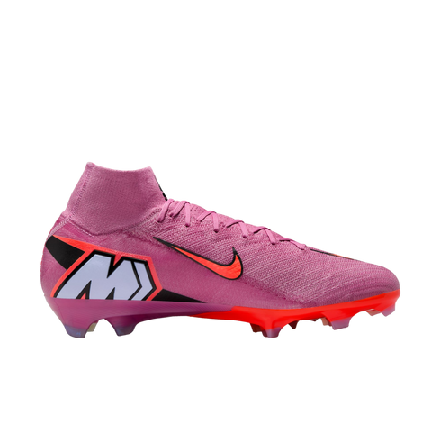 A pink Nike Mercurial soccer cleat featuring a high-top collar, orange swoosh, and large "M" logo on the heel, isolated against a black background.