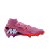 A pink Nike Mercurial soccer cleat featuring a high-top collar, orange swoosh, and large "M" logo on the heel, isolated against a black background.