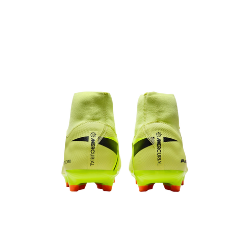 Rear view of neon yellow Nike Mercurial high-top soccer cleats with orange studs, displayed against a solid black background.