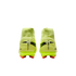 Rear view of neon yellow Nike Mercurial high-top soccer cleats with orange studs, displayed against a solid black background.