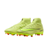 Pair of lime green Nike soccer cleats with high-top ankle collars and bright orange studs, set against a black background.