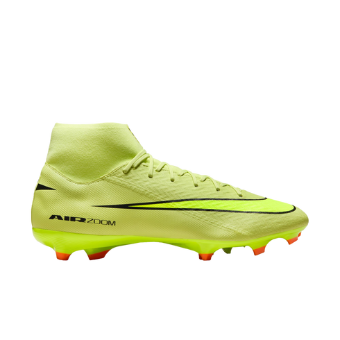 A lime green high-top Nike soccer cleat with a black swoosh logo and orange studs, set against a solid black background.