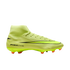 A lime green high-top Nike soccer cleat with a black swoosh logo and orange studs, set against a solid black background.