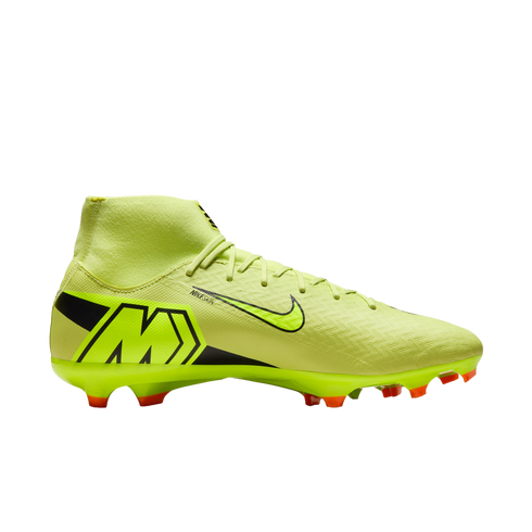 A neon yellow Nike Mercurial soccer cleat with a high-top collar and orange studs, shown from the side against a black background.