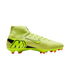 A neon yellow Nike Mercurial soccer cleat with a high-top collar and orange studs, shown from the side against a black background.