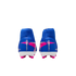 Rear view of blue Nike Mercurial soccer cleats with pink accents and a high-top collar against a black background.