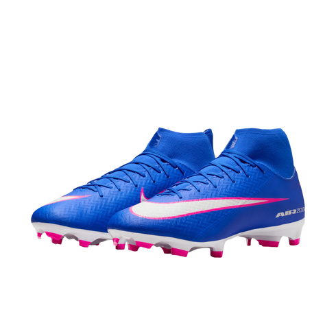 Electric blue Nike Air Zoom soccer cleats with high-top collars, white swooshes with pink outlines, and pink studs, against a black background.