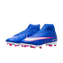 Electric blue Nike Air Zoom soccer cleats with high-top collars, white swooshes with pink outlines, and pink studs, against a black background.