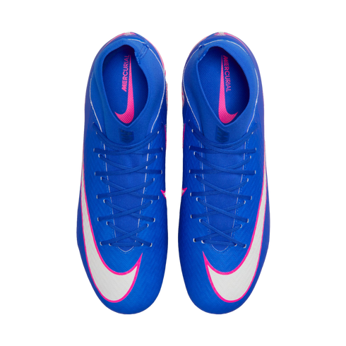 Top-down view of a pair of blue Nike Mercurial soccer cleats with large white swooshes outlined in pink, blue laces, and pink interior accents.