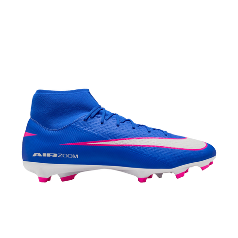 Blue Nike Air Zoom soccer cleat with a high-top ankle collar, white Nike swoosh with pink outlines, and pink studs.