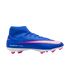 Blue Nike Air Zoom soccer cleat with a high-top ankle collar, white Nike swoosh with pink outlines, and pink studs.