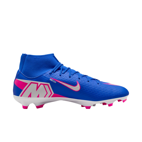 Blue Nike soccer cleat featuring a high-top ankle collar, pink and white accents, and pink studs on a white sole.