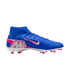 Blue Nike soccer cleat featuring a high-top ankle collar, pink and white accents, and pink studs on a white sole.
