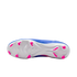 Sole view of a blue and white soccer cleat featuring a white soleplate with bright pink studs on a black background.