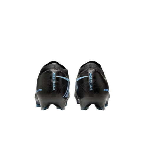 Back view of black Nike Mercurial soccer cleats with light blue accents and branding on a black background.