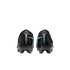 Back view of black Nike Mercurial soccer cleats with light blue accents and branding on a black background.